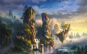 浮空岩石，帶有瀑布和樹木，在霧氣瀰漫的奇幻景觀中。 — Steam Deck OLED 壁紙