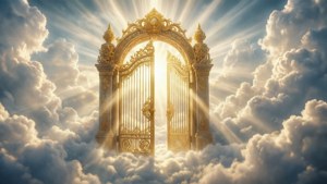 金色裝飾門漂浮在雲中，明亮的陽光照射