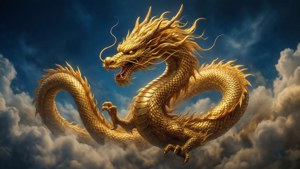 金龍在神話場景中翱翔於暴風雲間。