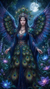 身穿藍色長袍、擁有孔雀翅膀的女性，在滿月下立於發光的紫色花朵森林中。