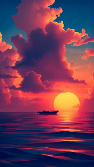一艘小船在平靜的水面上漂浮，夕陽西下，雲彩繽紛，陽光燦爛。