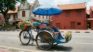 一架藍色三輪車，有花同遮，停喺有歷史建築物嘅街道上。