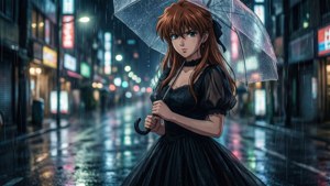一位穿著黑色連衣裙的年輕動漫女子在雨夜的霓虹街上撐著傘。
