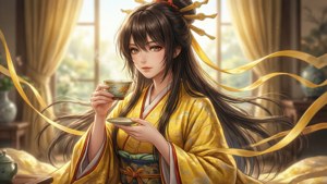 一位身穿金色和服的女子在室內靠近窗戶，手持茶杯，窗邊有飄動的黃色絲帶。
