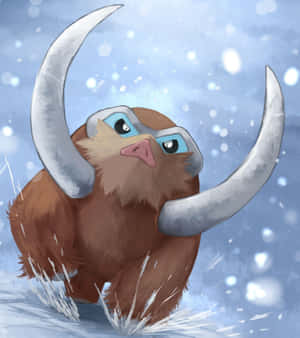 一隻可愛的卡通猛獁象在雪地中行走，有著巨大的彎曲象牙和藍色眼睛。 — 插畫 壁紙