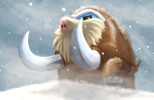 一隻戴著護目鏡的卡通猛獁象站在雪中，雪花飄落。 — 藝術 壁紙