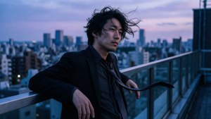 身穿西裝的男子在屋頂陽台上俯瞰黃昏時分的城市，風吹動他的頭髮。