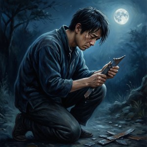 男人在夜晚的森林中跪著，在滿月下握著破碎的金屬。 — Pixel Watch 5 壁紙