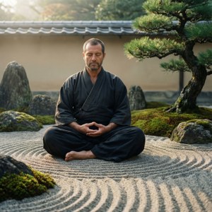 男子在一個寧靜的日本庭園中冥想，庭園中有耙過的礫石和苔蘚。