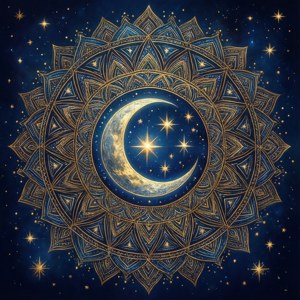 深藍色夜空背景上帶有新月和星星的金色曼陀羅