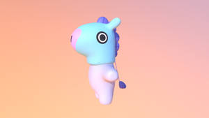 一隻漂浮的3D渲染粉藍色獨角獸，擁有紫色鬃毛和尾巴，背景為蜜桃漸變。
