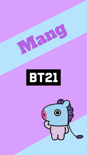 BT21角色在紫色和藍色對角線背景上，帶有文字。