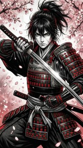 身穿紅黑鎧甲的武士在櫻花下持劍。 — 漫畫 壁紙