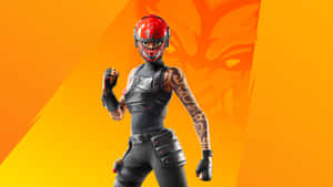 戴紅色頭盔和黑色盔甲的Fortnite角色在橙色背景前擺姿勢