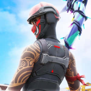帶有部落紋身的Fortnite角色在藍天下手持色彩繽紛的武器。
