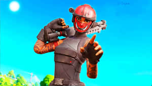 戴著紅色頭盔和盔甲的Fortnite角色舉起武器指向前方。