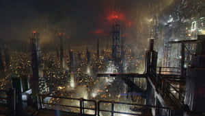 未來城市夜景，雨和霓虹燈反射在水坑中。