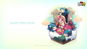 三個Q版角色在雪地平台上慶祝新年，並有節日裝飾。