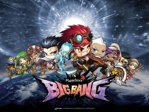 在太空中以地球下方和星爆背景為特色的MapleStory Big Bang遊戲角色。