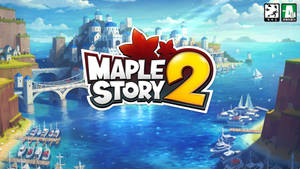 Maple Story 2 遊戲標題位於一個有船隻和藍色圓頂建築的沿海小鎮上方。