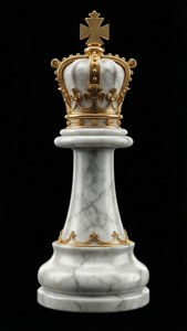 白色大理石國際象棋國王，金色皇冠和十字架，黑色背景
