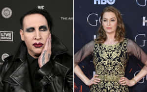 Marilyn Manson 與一位身穿金色連衣裙的女子在紅地毯活動中。 — MacBook Pro M1 壁紙