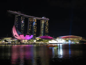 濱海灣金沙和藝術科學博物館在夜晚亮燈，水面倒映。