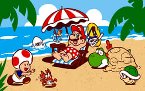 Mario同朋友們喺陽光普照嘅沙灘日享受棕櫚樹同一隻蟹。 — 16:10 壁紙