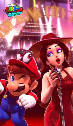 Mario 喺霓虹燈照亮嘅音樂會舞台上，喺一個著住紅色連衣裙嘅歌手旁邊眨眼。 — Infinix Xpad 20 Pro 壁紙