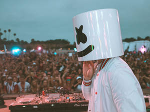 DJ Marshmello 在夜間戶外音樂節上表演，觀眾歡呼雀躍。
