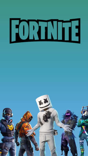 五個穿著色彩繽紛服裝的Fortnite遊戲角色在青綠色天空下。