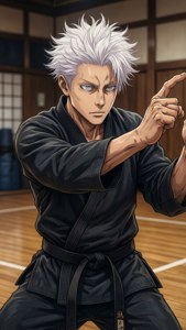 動漫武術家，白髮藍眼，身穿黑色道服，在道場中向前指