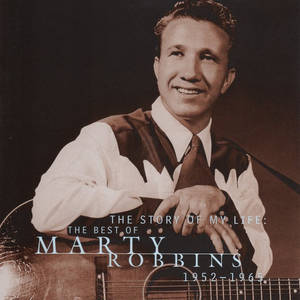 Marty Robbins 手持結他，深褐色調肖像上覆蓋文字。 — 音樂 GIF 壁紙