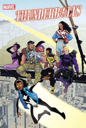 Marvel Thunderbolts 超級英雄團隊以大膽的漫畫風格在城市屋頂上擺姿勢。 — 月色夜空 壁紙