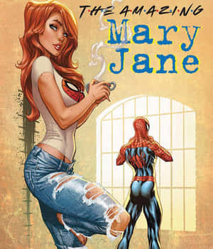 Mary Jane 穿著破洞牛仔褲喝咖啡，蜘蛛俠站在她身後的門口。 — Galaxy Z Fold 壁紙