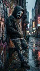 穿連帽衫和戴口罩的人靠在塗鴉牆上，背景是雨夜霓虹燈的城市街道。