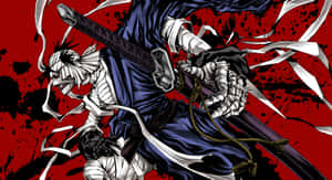身穿藍白鎧甲的武士戰士，在紅色飛濺背景中揮舞武士刀。 — 動漫惡魔 壁紙