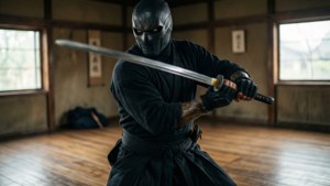 一個戴面具的忍者穿著黑色盔甲，在傳統木造道場中手持武士刀。