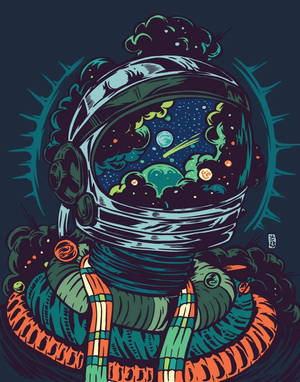 太空人頭盔顯示內部有行星和恆星旋轉的宇宙場景。