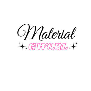 風格化標誌，'Material' 以黑色草書顯示，'GWORL' 以粉紅色輪廓字體顯示，並帶有星星爆發效果。