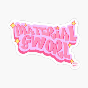 粉紅色和紫色3D文字貼紙，帶有黃色星星，寫著「MATERIAL GWOORL」