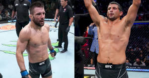 八角籠中的兩名UFC拳手，一人慶祝勝利，另一人低頭。