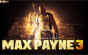 Max Payne 3 遊戲封面，展示一個光頭男人在黑暗的城市環境中手持槍支。