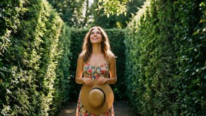 女子花卉連衣裙手持草帽走過陽光樹籬迷宮微笑向上