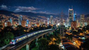 一列藍色火車在星空下，夜間穿過燈火通明的城市，行駛在高架軌道上。