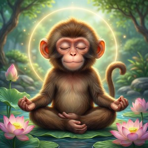 猴寶寶在睡蓮上冥想，周圍有粉紅色蓮花