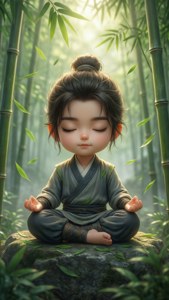 一個孩子在竹林中的石頭上冥想，柔和的光線穿過樹葉。