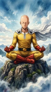 動漫角色在戲劇性的天空下，於雲端之上的山頂冥想
