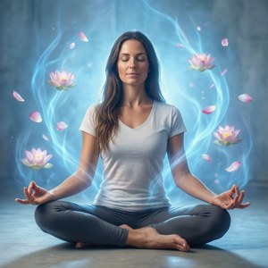 一位女性在發光的藍色能量和漂浮的蓮花環繞下冥想。