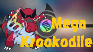 帶有發光能量和粗體文字的Mega Krookodile動漫角色。